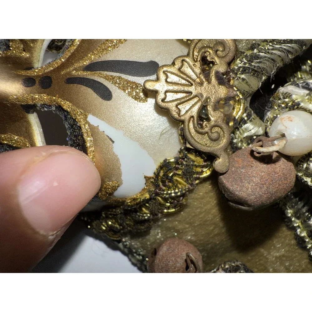 Venetian Mask Made In Venezia, Italy Intricately Painted Gold/ White‎ With Bells